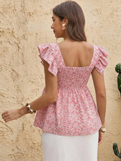 Maternity Yellow Ditsy Floral Peplum Top Sweetheart Neck Cap Sleeve Boho Ruched Flounce Shirt for Beach Vacation and Tea Party