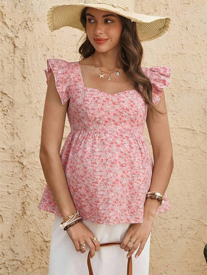 Maternity Yellow Ditsy Floral Peplum Top Sweetheart Neck Cap Sleeve Boho Ruched Flounce Shirt for Beach Vacation and Tea Party