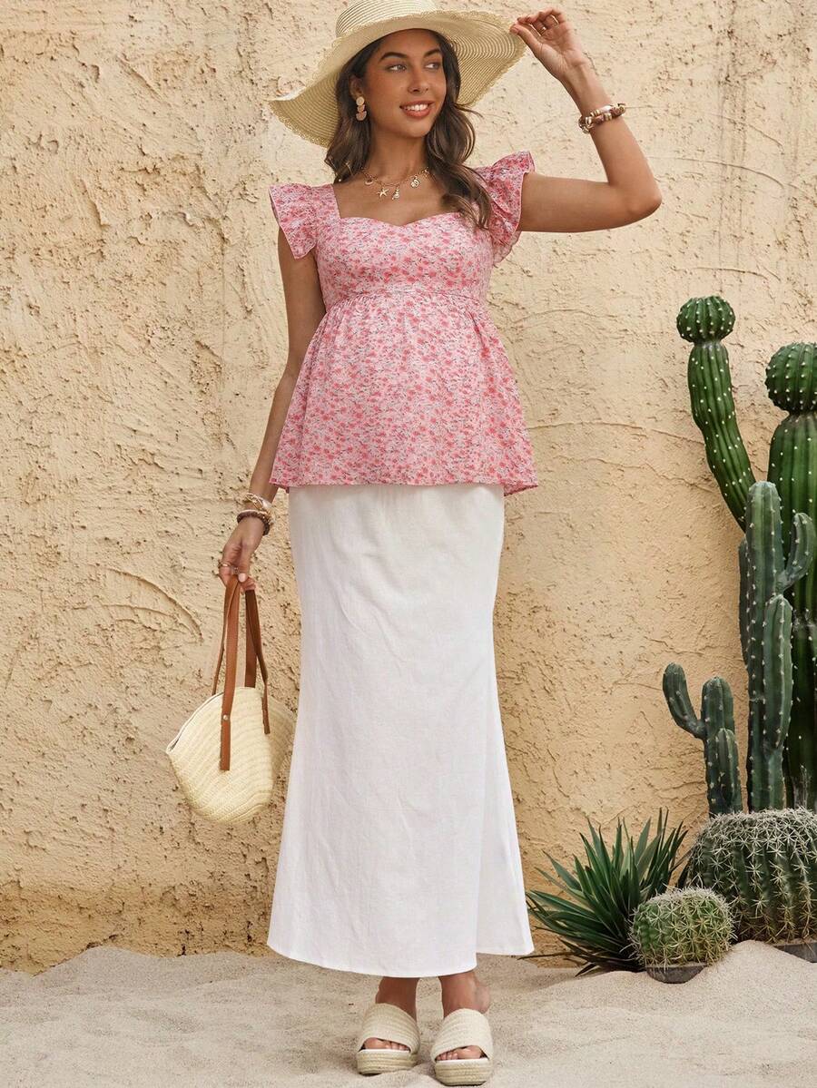 Maternity Yellow Ditsy Floral Peplum Top Sweetheart Neck Cap Sleeve Boho Ruched Flounce Shirt for Beach Vacation and Tea Party