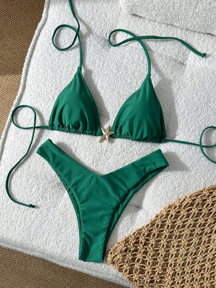 Swim Vcay Women's Solid Color Spaghetti Strap Metal Decor Sexy Bikini Set, Summer