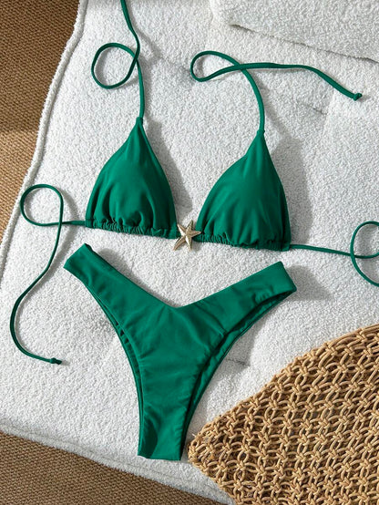 Swim Vcay Women's Solid Color Spaghetti Strap Metal Decor Sexy Bikini Set, Summer