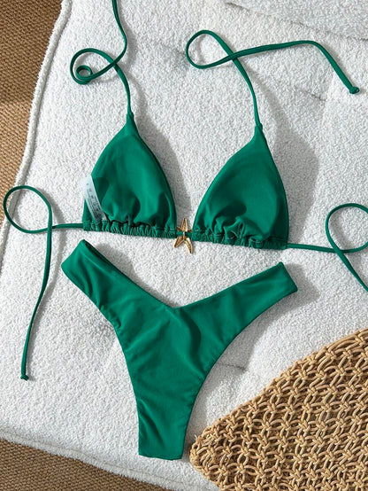 Swim Vcay Women's Solid Color Spaghetti Strap Metal Decor Sexy Bikini Set, Summer