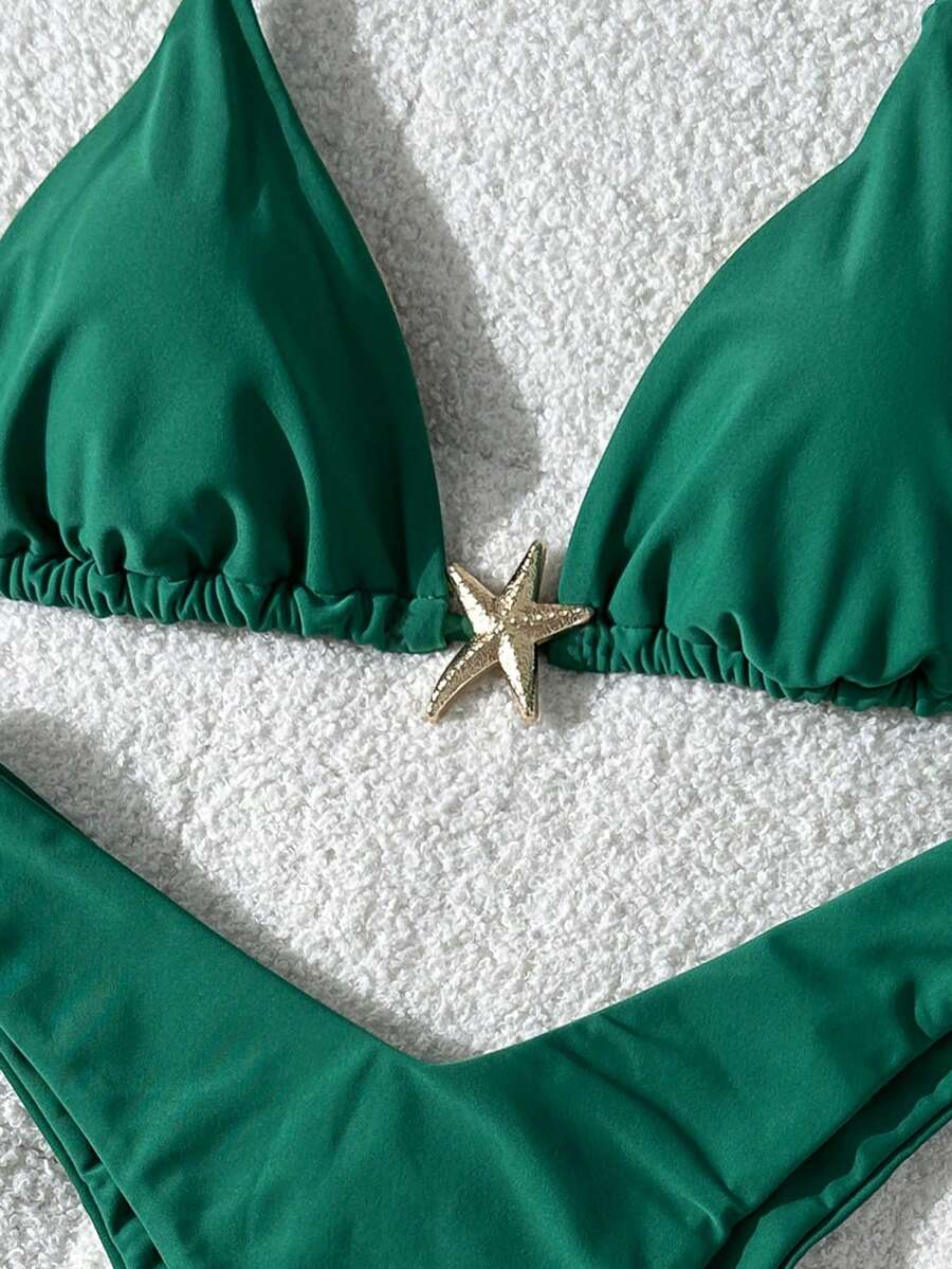 Swim Vcay Women's Solid Color Spaghetti Strap Metal Decor Sexy Bikini Set, Summer