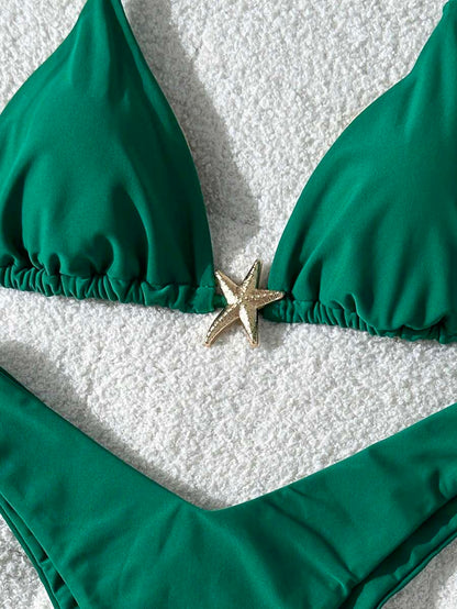 Swim Vcay Women's Solid Color Spaghetti Strap Metal Decor Sexy Bikini Set, Summer