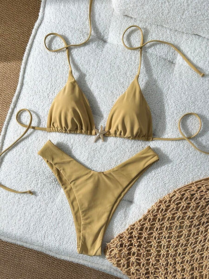 Swim Vcay Women's Solid Color Spaghetti Strap Metal Decor Sexy Bikini Set, Summer