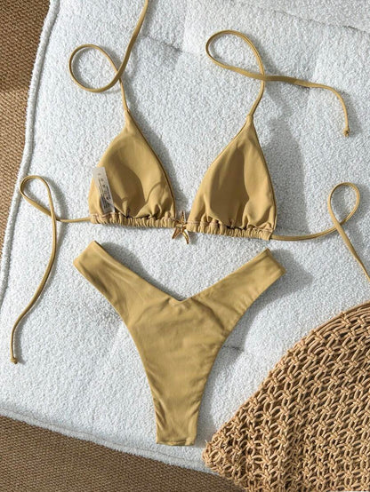 Swim Vcay Women's Solid Color Spaghetti Strap Metal Decor Sexy Bikini Set, Summer
