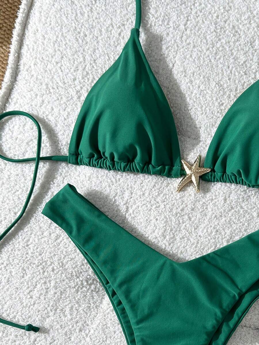 Swim Vcay Women's Solid Color Spaghetti Strap Metal Decor Sexy Bikini Set, Summer