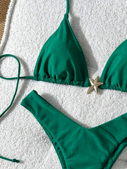 Swim Vcay Women's Solid Color Spaghetti Strap Metal Decor Sexy Bikini Set, Summer