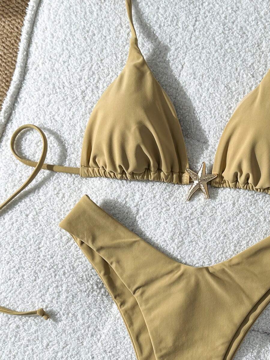 Swim Vcay Women's Solid Color Spaghetti Strap Metal Decor Sexy Bikini Set, Summer