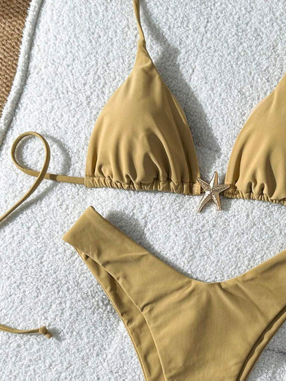 Swim Vcay Women's Solid Color Spaghetti Strap Metal Decor Sexy Bikini Set, Summer