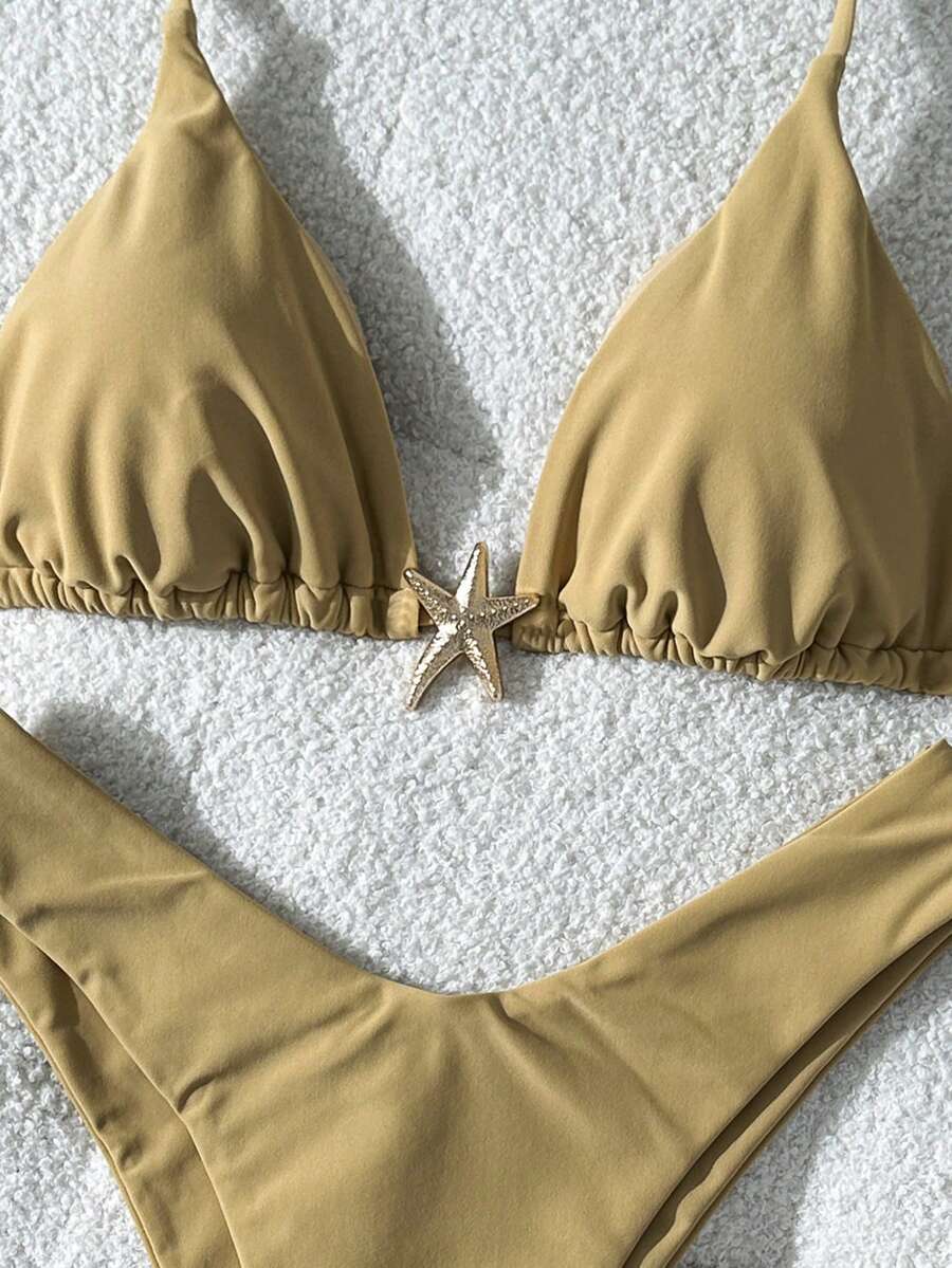 Swim Vcay Women's Solid Color Spaghetti Strap Metal Decor Sexy Bikini Set, Summer