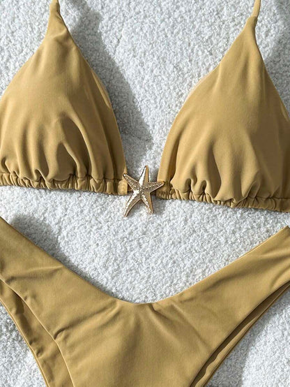 Swim Vcay Women's Solid Color Spaghetti Strap Metal Decor Sexy Bikini Set, Summer