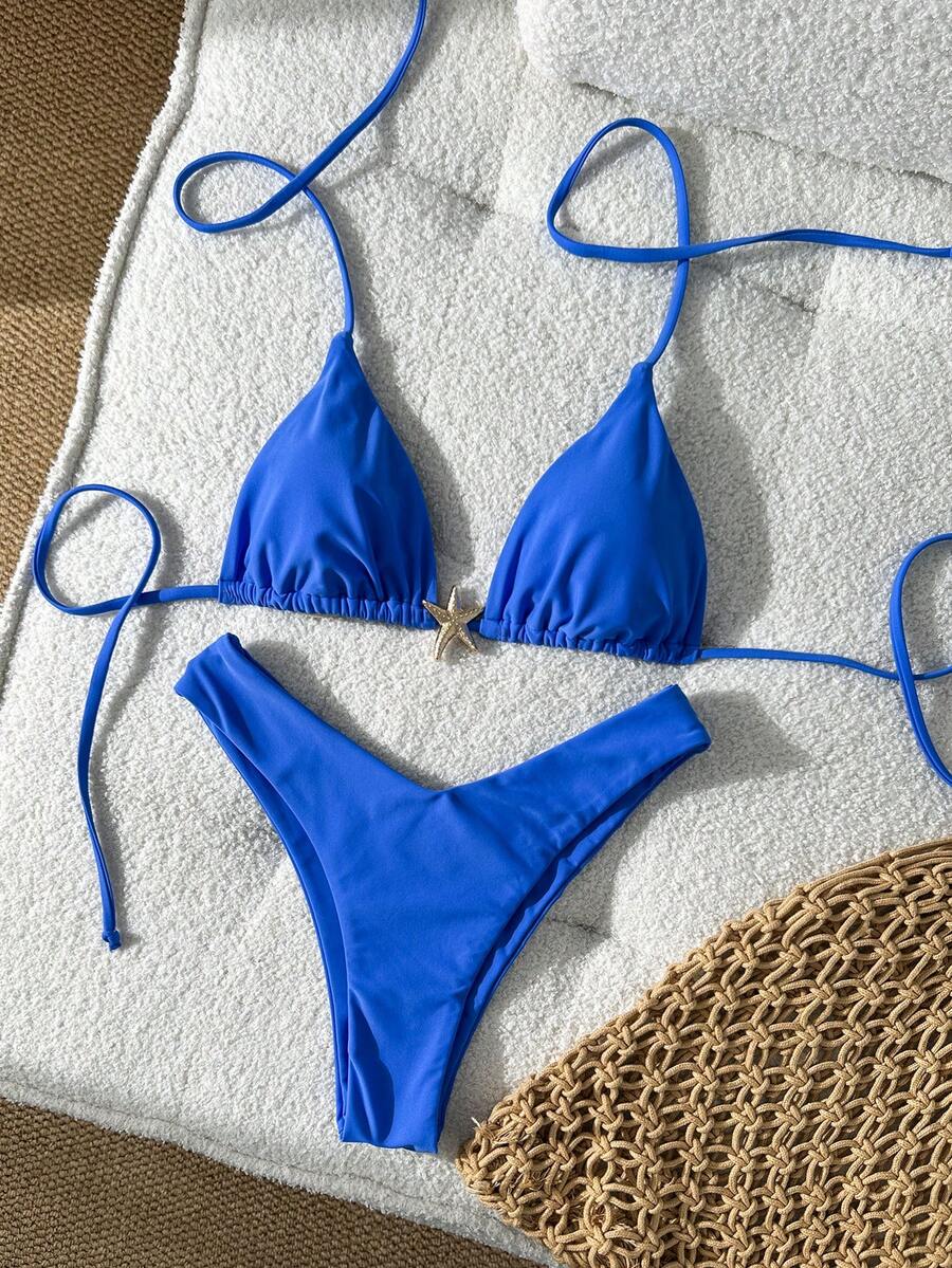 Swim Vcay Women's Solid Color Spaghetti Strap Metal Decor Sexy Bikini Set, Summer