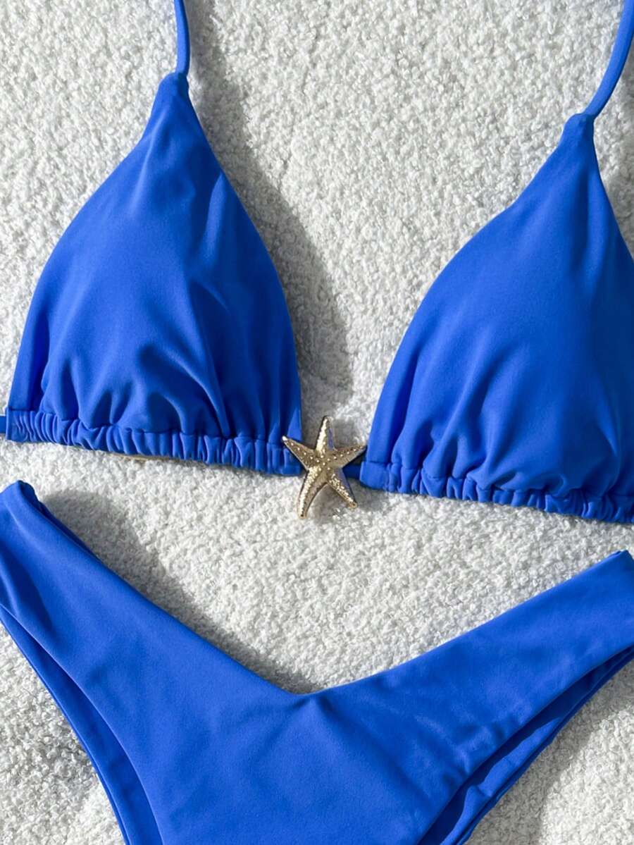 Swim Vcay Women's Solid Color Spaghetti Strap Metal Decor Sexy Bikini Set, Summer