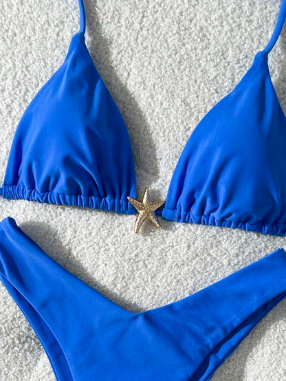 Swim Vcay Women's Solid Color Spaghetti Strap Metal Decor Sexy Bikini Set, Summer