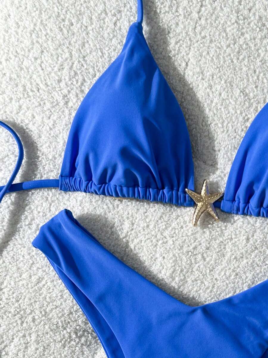 Swim Vcay Women's Solid Color Spaghetti Strap Metal Decor Sexy Bikini Set, Summer
