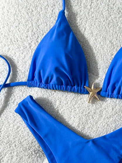 Swim Vcay Women's Solid Color Spaghetti Strap Metal Decor Sexy Bikini Set, Summer