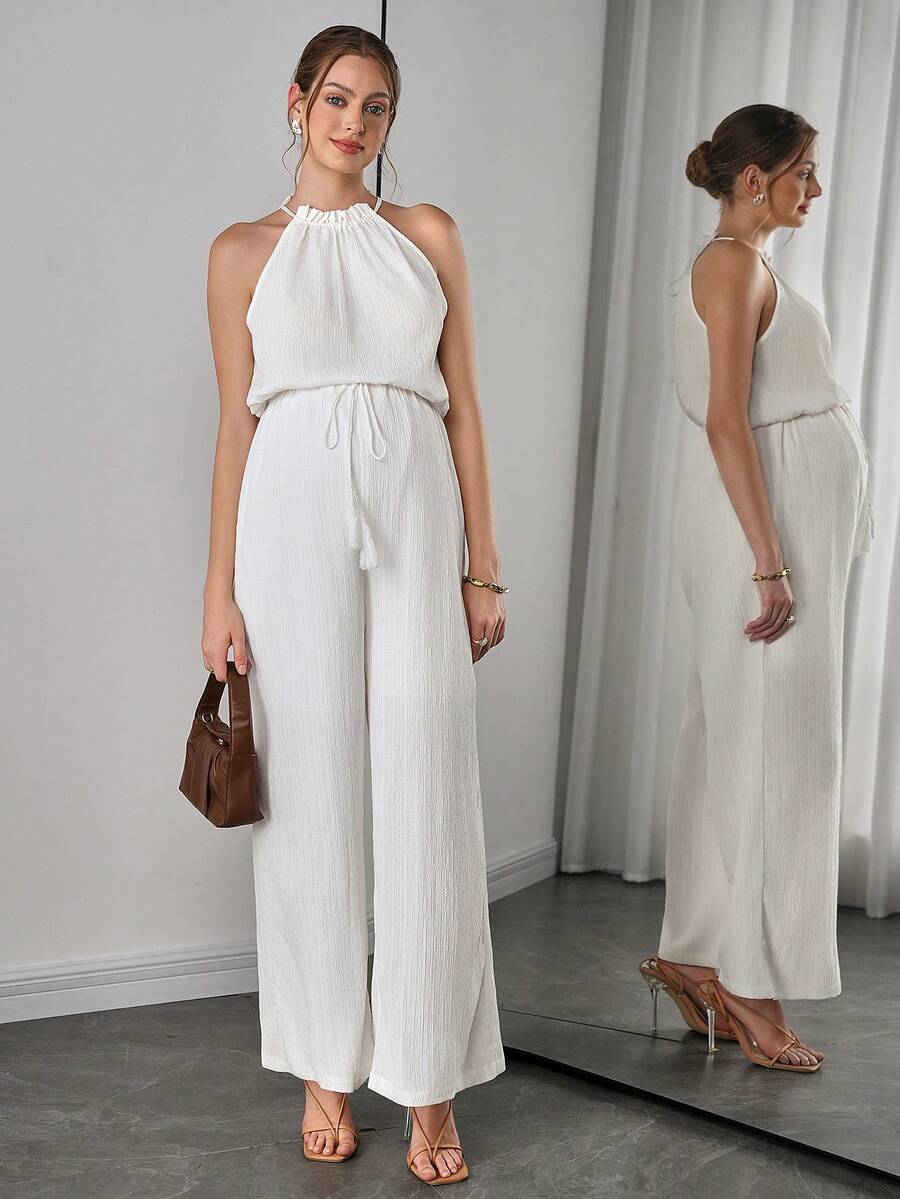 Maternity Elegant Jumpsuit - Flounce Collar, Cloak Sleeve, Belted, Loose, White