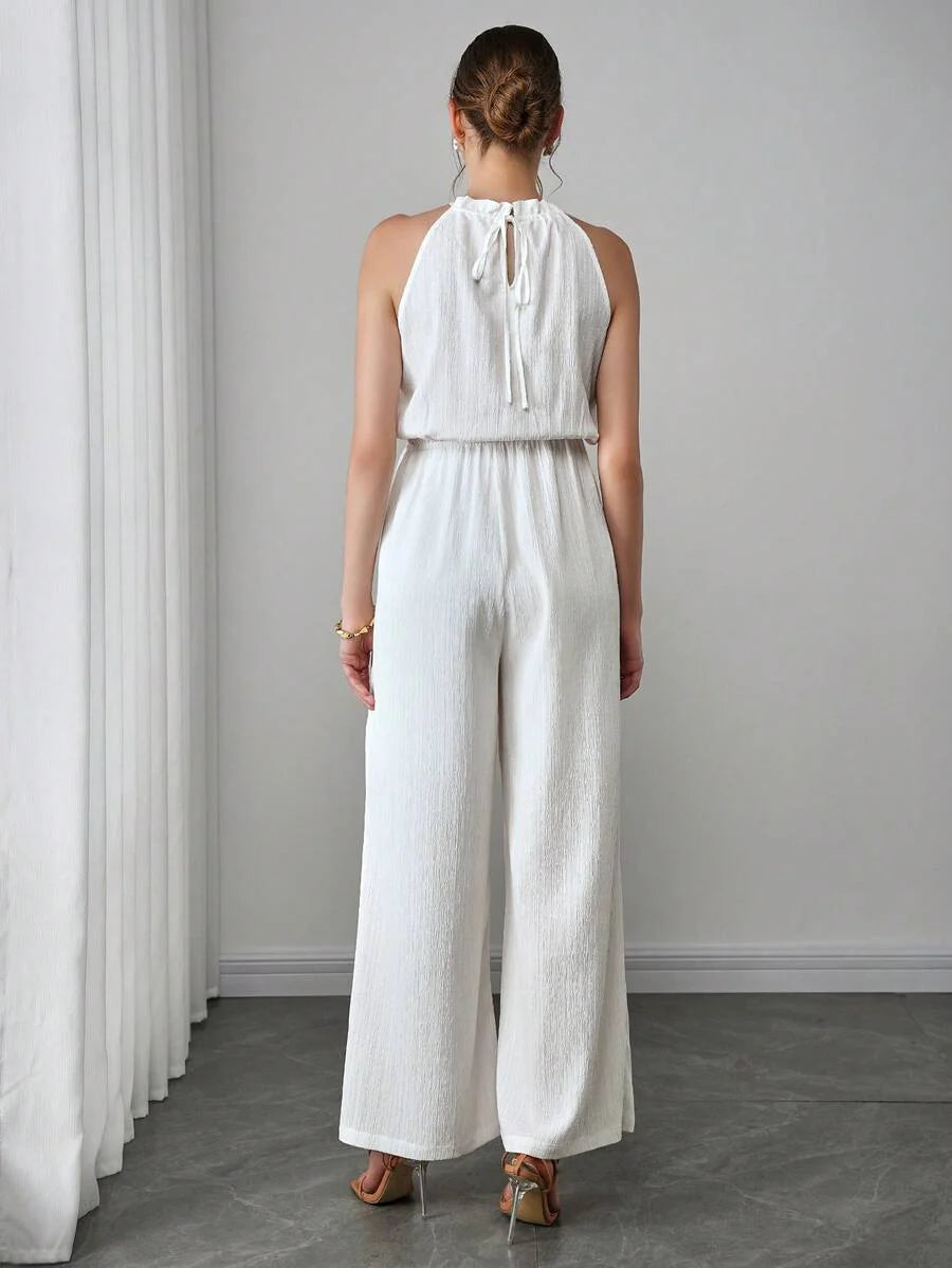 Maternity Elegant Jumpsuit - Flounce Collar, Cloak Sleeve, Belted, Loose, White