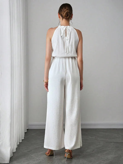 Maternity Elegant Jumpsuit - Flounce Collar, Cloak Sleeve, Belted, Loose, White