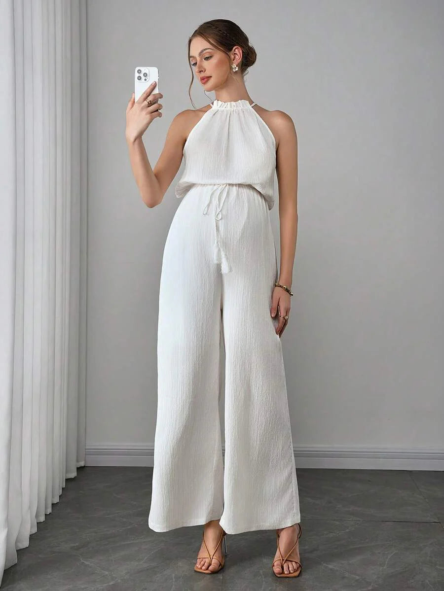 Maternity Elegant Jumpsuit - Flounce Collar, Cloak Sleeve, Belted, Loose, White