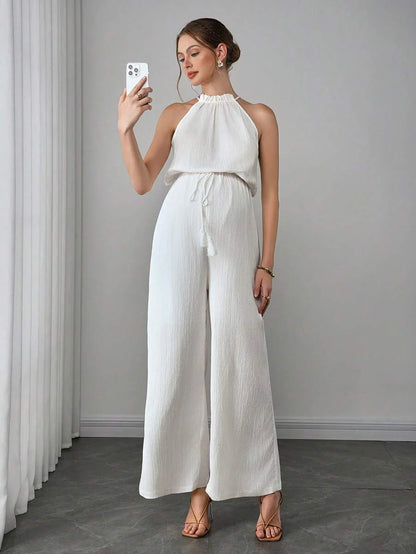 Maternity Elegant Jumpsuit - Flounce Collar, Cloak Sleeve, Belted, Loose, White