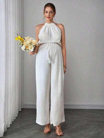 Maternity Elegant Jumpsuit - Flounce Collar, Cloak Sleeve, Belted, Loose, White