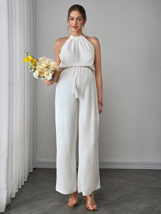Maternity Elegant Jumpsuit - Flounce Collar, Cloak Sleeve, Belted, Loose, White