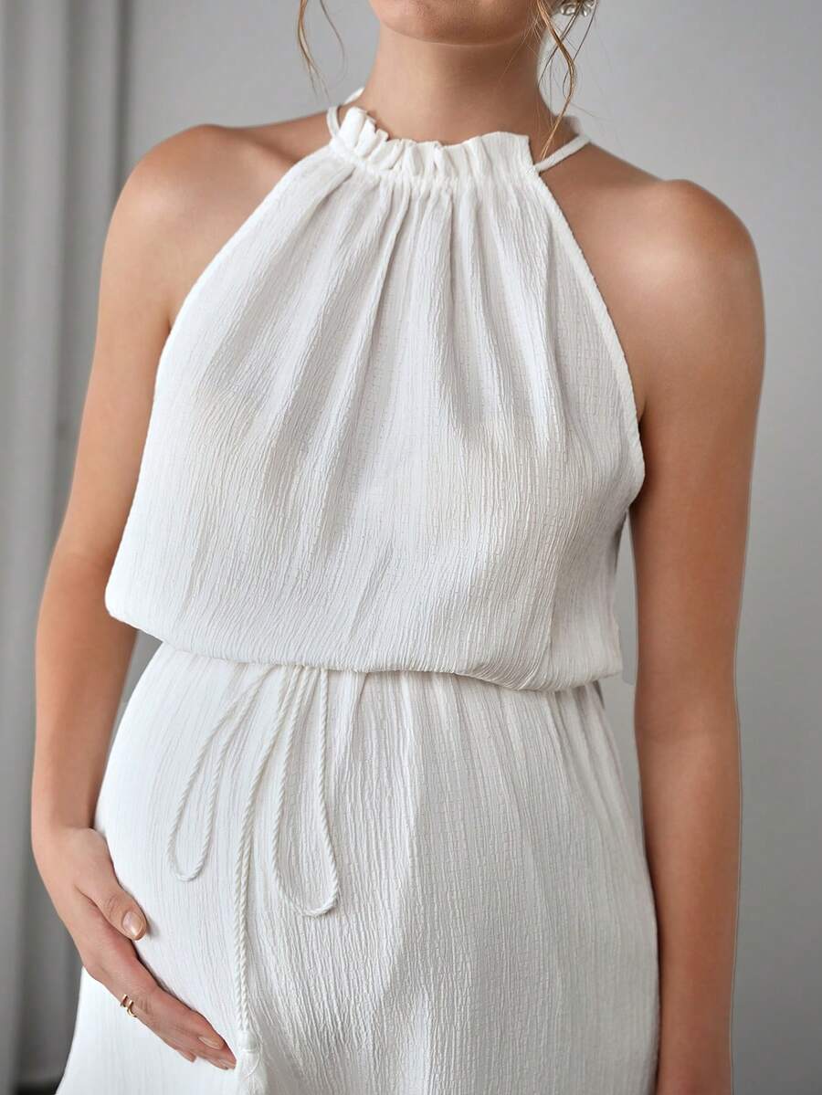 Maternity Elegant Jumpsuit - Flounce Collar, Cloak Sleeve, Belted, Loose, White