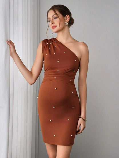 Maternity Bodycon Mini Dress - Asymmetric Neck, Cold Shoulder, Faux Pearl Studded, Slim Fit, Coffee