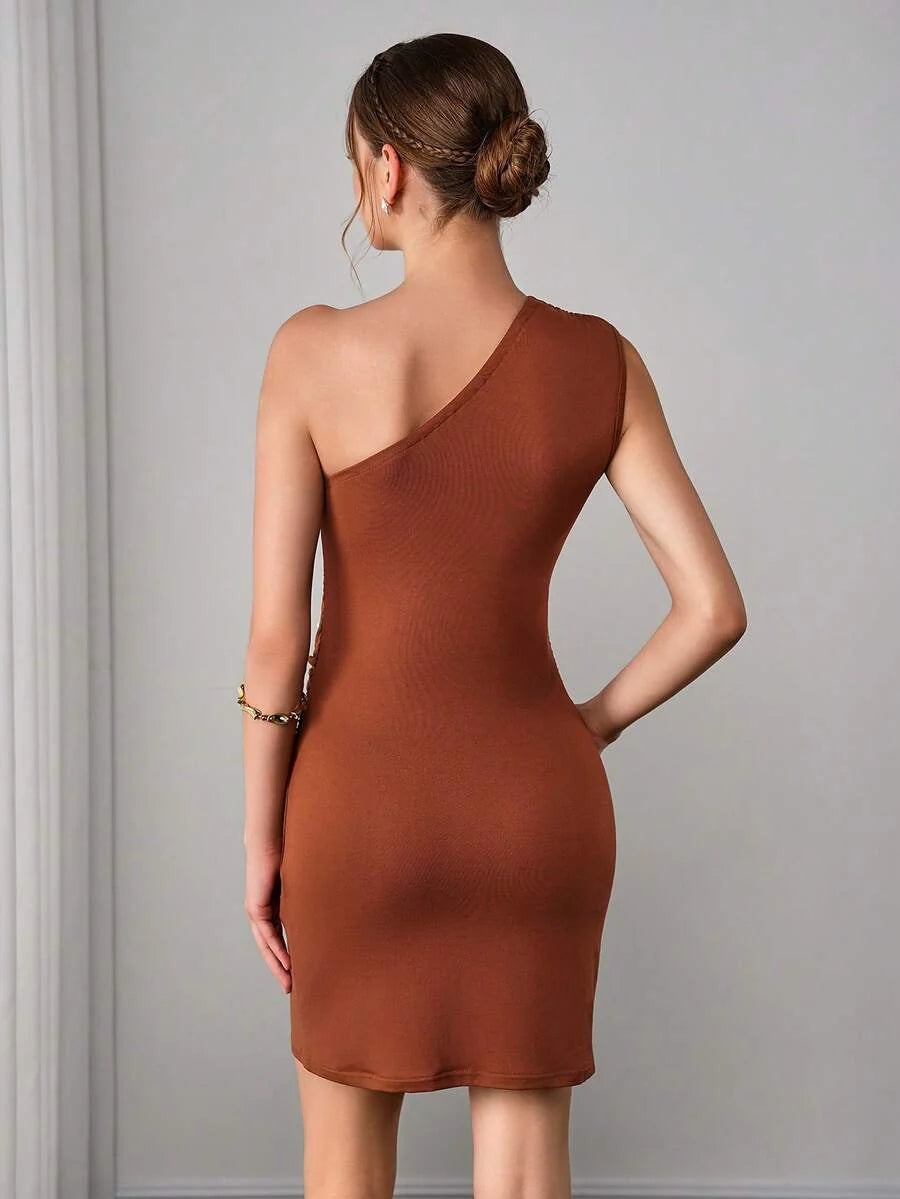 Maternity Bodycon Mini Dress - Asymmetric Neck, Cold Shoulder, Faux Pearl Studded, Slim Fit, Coffee