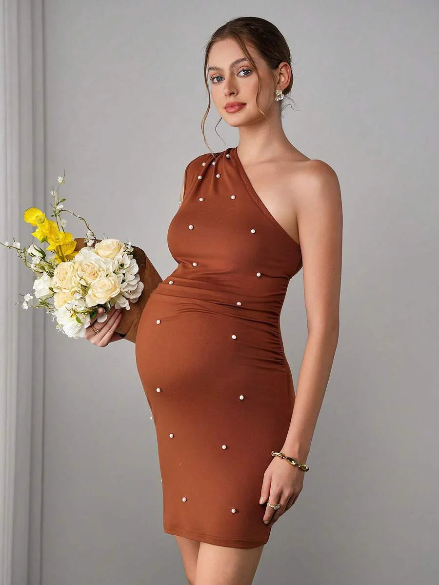 Maternity Bodycon Mini Dress - Asymmetric Neck, Cold Shoulder, Faux Pearl Studded, Slim Fit, Coffee