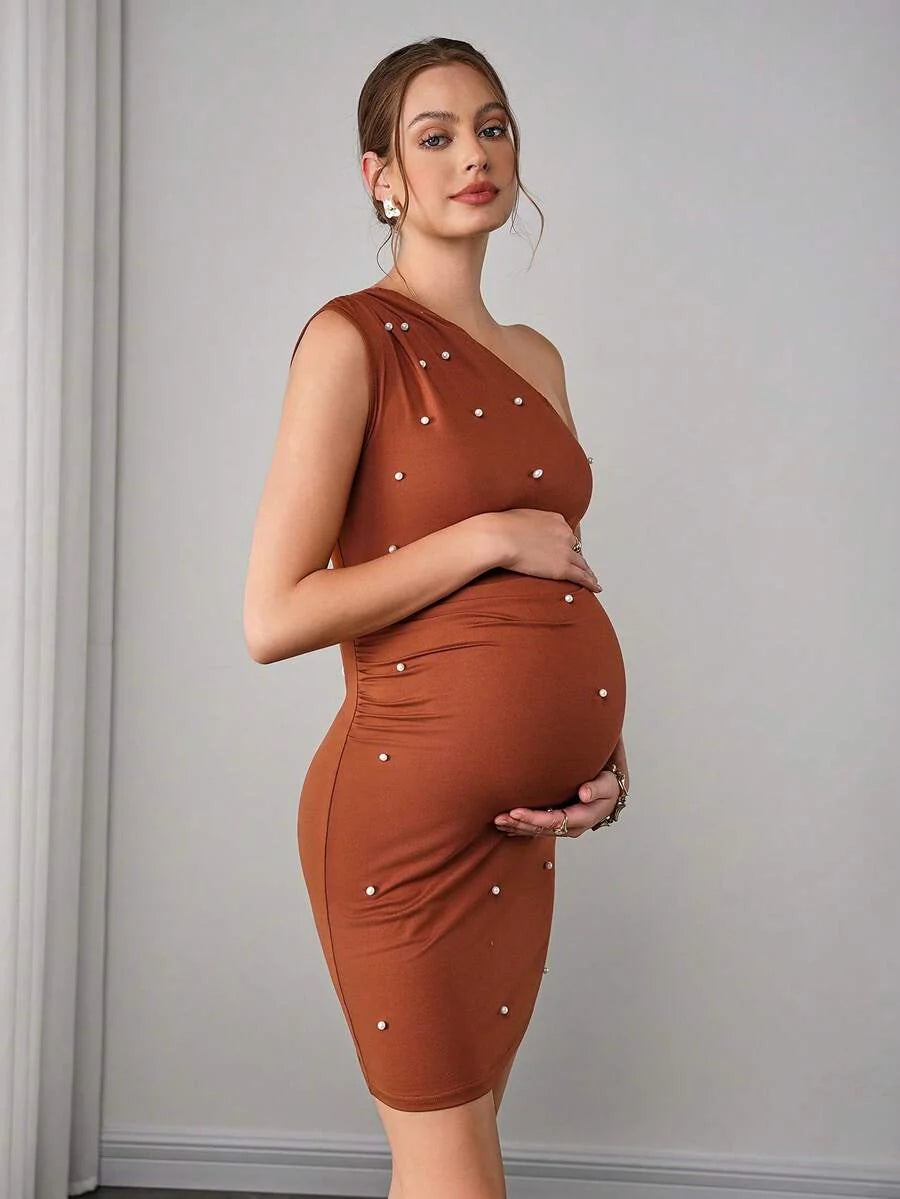 Maternity Bodycon Mini Dress - Asymmetric Neck, Cold Shoulder, Faux Pearl Studded, Slim Fit, Coffee