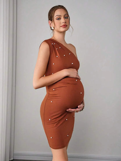 Maternity Bodycon Mini Dress - Asymmetric Neck, Cold Shoulder, Faux Pearl Studded, Slim Fit, Coffee