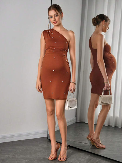 Maternity Bodycon Mini Dress - Asymmetric Neck, Cold Shoulder, Faux Pearl Studded, Slim Fit, Coffee