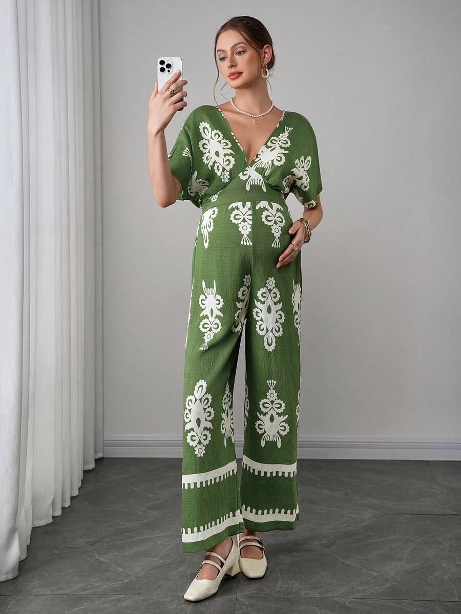 Maternity Boho Jumpsuit - Deep V Neck, Batwing Short Sleeve, Wide Leg, Loose, Army Green