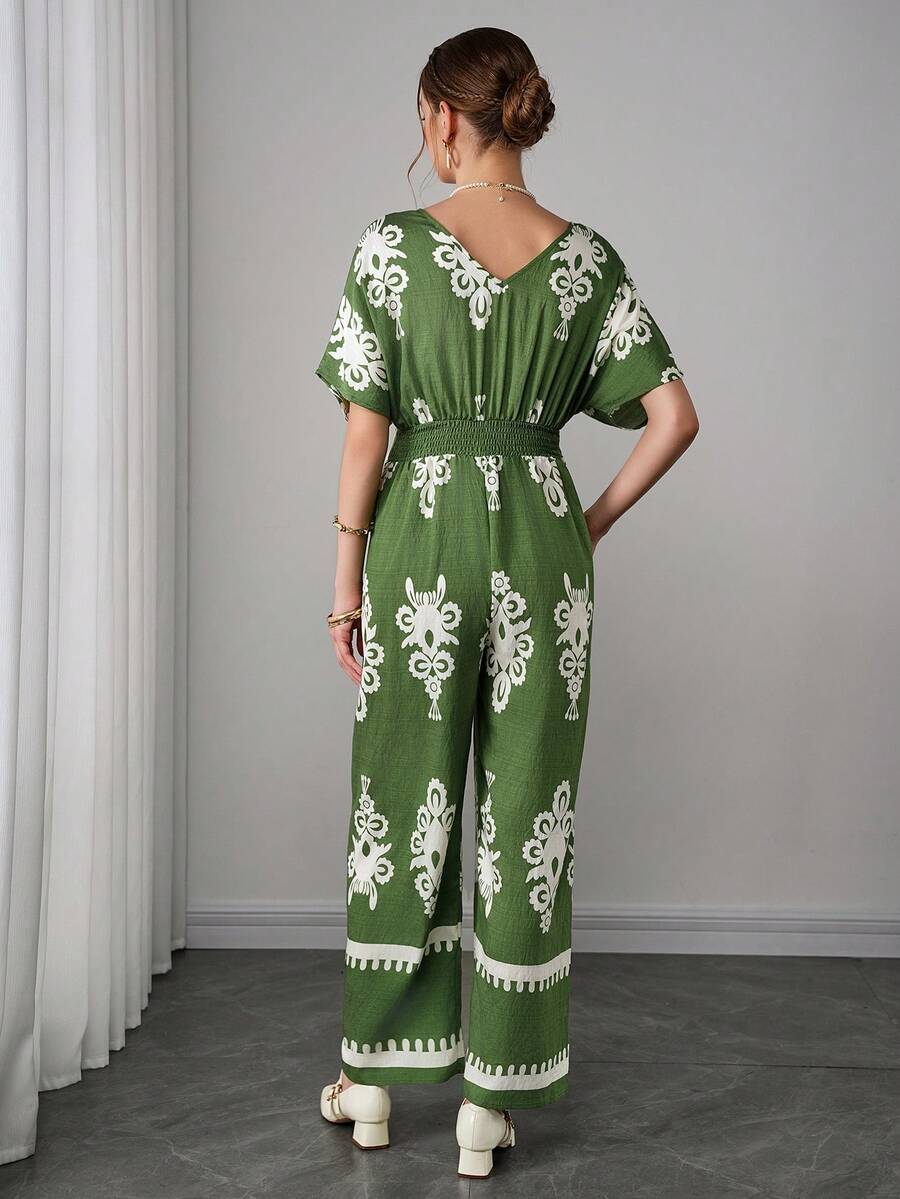 Maternity Boho Jumpsuit - Deep V Neck, Batwing Short Sleeve, Wide Leg, Loose, Army Green