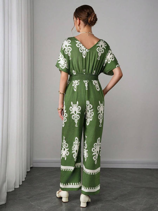 Maternity Boho Jumpsuit - Deep V Neck, Batwing Short Sleeve, Wide Leg, Loose, Army Green