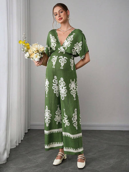 Maternity Boho Jumpsuit - Deep V Neck, Batwing Short Sleeve, Wide Leg, Loose, Army Green