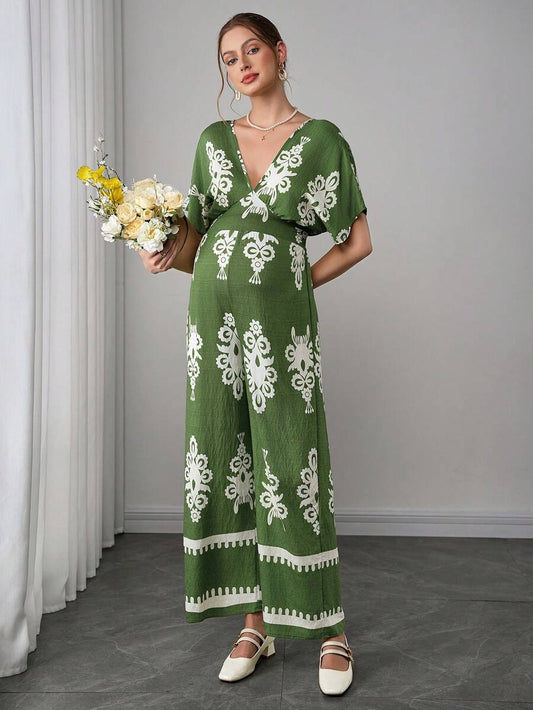 Maternity Boho Jumpsuit - Deep V Neck, Batwing Short Sleeve, Wide Leg, Loose, Army Green