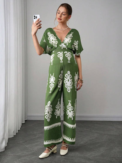 Maternity Boho Jumpsuit - Deep V Neck, Batwing Short Sleeve, Wide Leg, Loose, Army Green