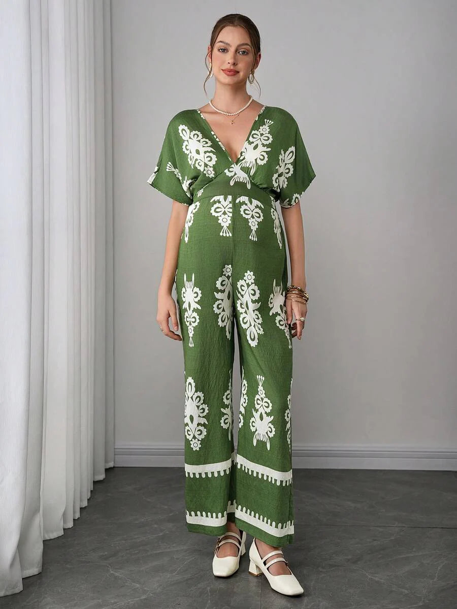 Maternity Boho Jumpsuit - Deep V Neck, Batwing Short Sleeve, Wide Leg, Loose, Army Green
