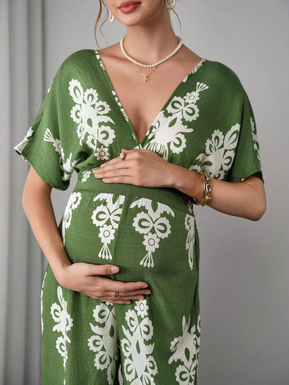Maternity Boho Jumpsuit - Deep V Neck, Batwing Short Sleeve, Wide Leg, Loose, Army Green