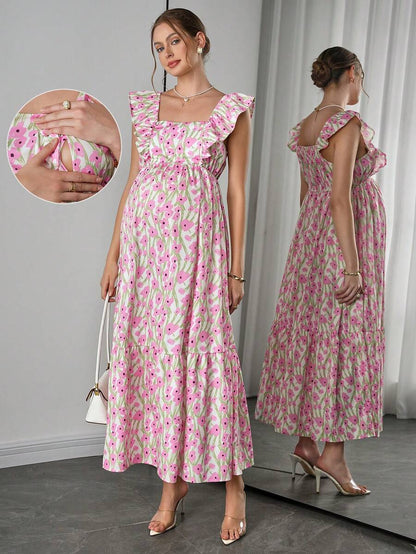 Maternity Floral Nursing Maxi Dress - Square Neck, Cap Sleeve, Ruffle Hem, Long, Multicolor