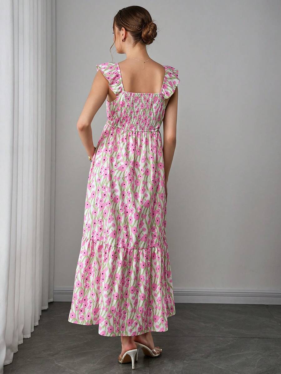 Maternity Floral Nursing Maxi Dress - Square Neck, Cap Sleeve, Ruffle Hem, Long, Multicolor