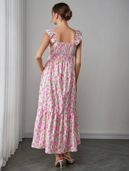 Maternity Floral Nursing Maxi Dress - Square Neck, Cap Sleeve, Ruffle Hem, Long, Multicolor