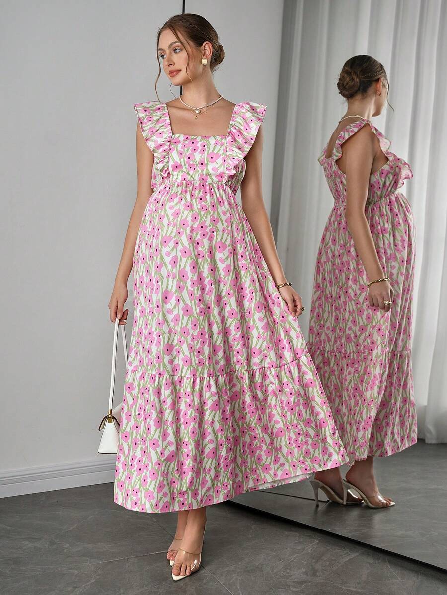 Maternity Floral Nursing Maxi Dress - Square Neck, Cap Sleeve, Ruffle Hem, Long, Multicolor