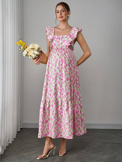 Maternity Floral Nursing Maxi Dress - Square Neck, Cap Sleeve, Ruffle Hem, Long, Multicolor