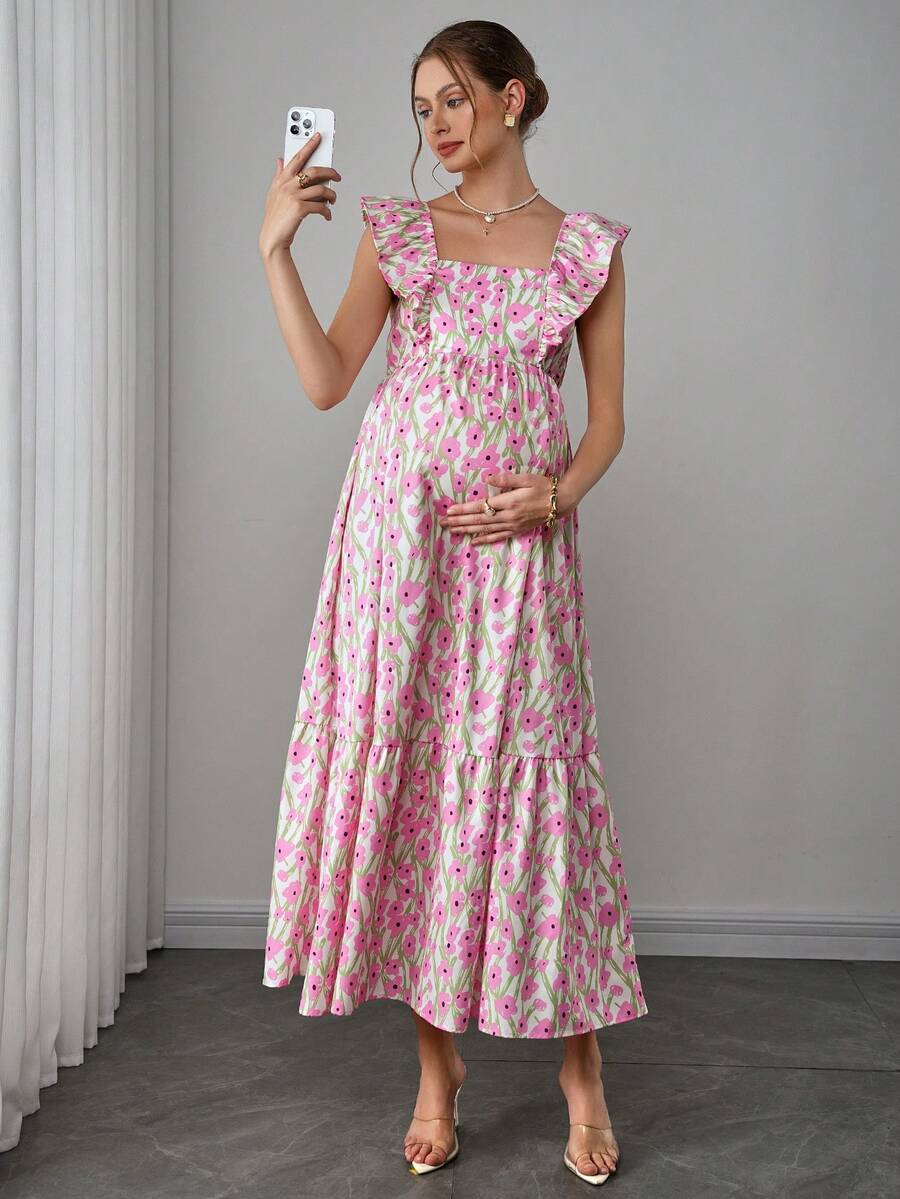 Maternity Floral Nursing Maxi Dress - Square Neck, Cap Sleeve, Ruffle Hem, Long, Multicolor