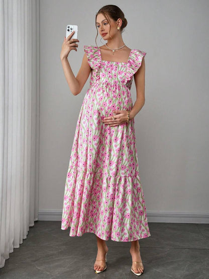Maternity Floral Nursing Maxi Dress - Square Neck, Cap Sleeve, Ruffle Hem, Long, Multicolor